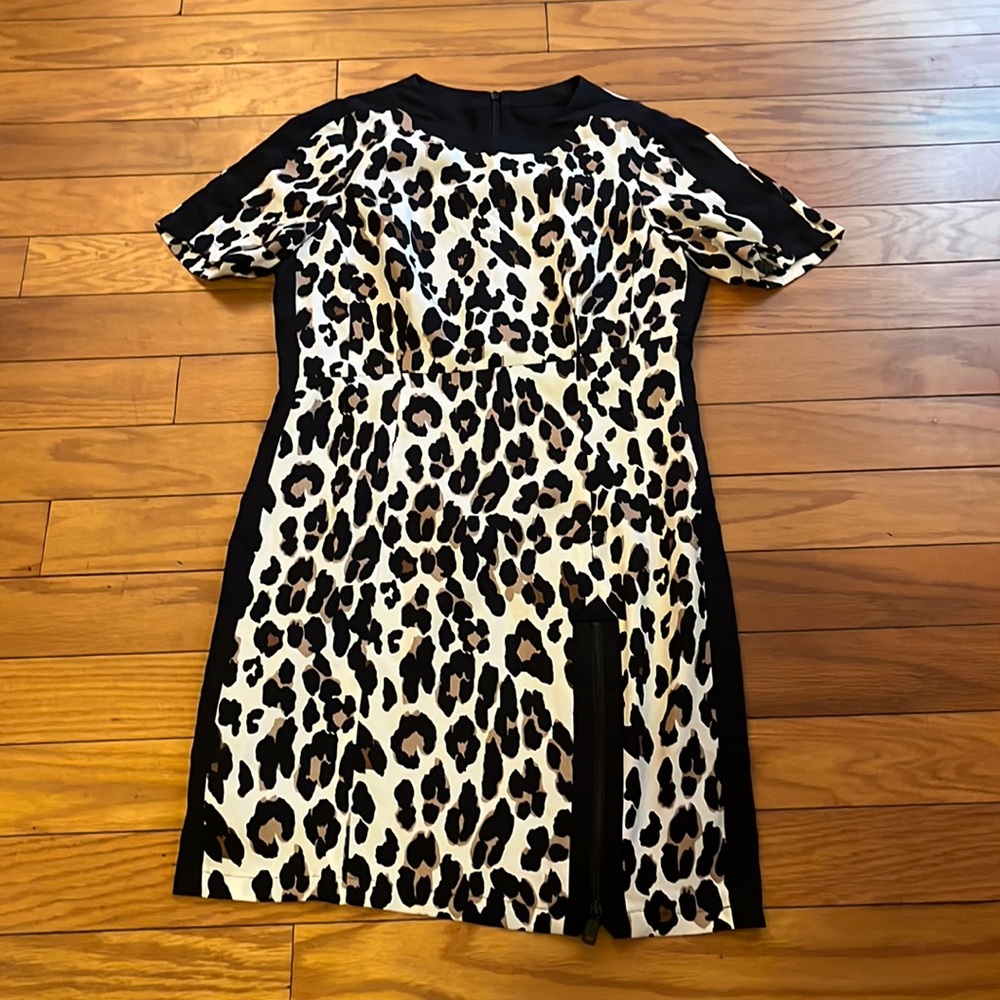 Nanette Lepore Dress Womens 6 Black Tan Leopard Shift Zipper Short Sleeves